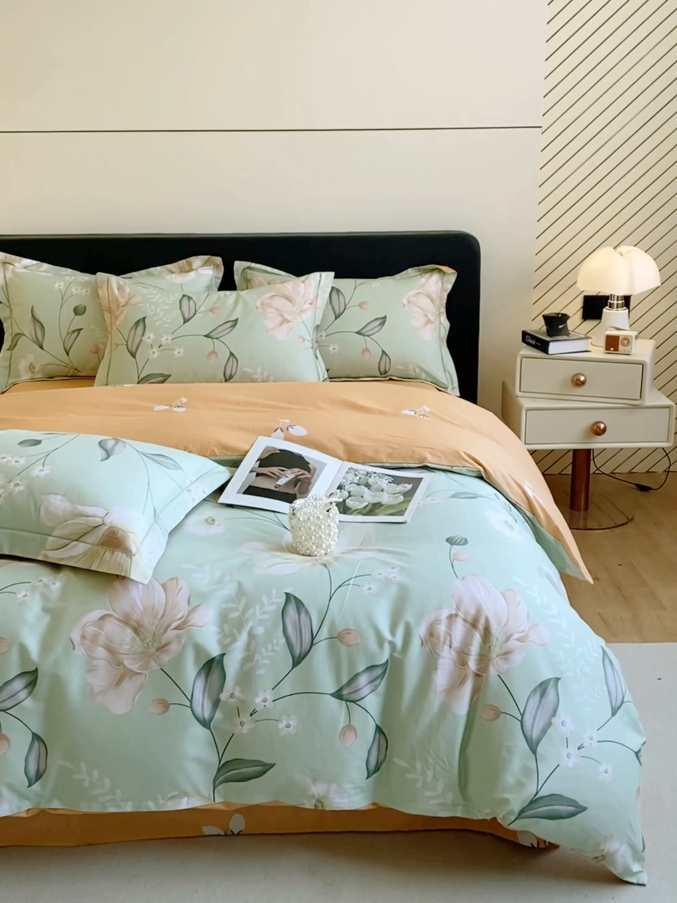 91家纺网 家纺一手货源 找家纺 格里芬家纺 2026新款全棉纯棉40S精梳棉13376印花四件套 叶语悠然-绿