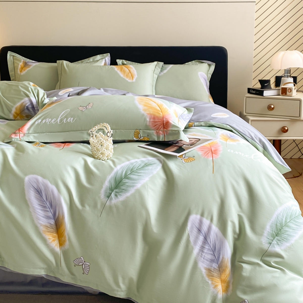 91家纺网 家纺一手货源 找家纺 格里芬家纺 2026新款全棉纯棉40S精梳棉13376印花四件套 雨蝶-绿