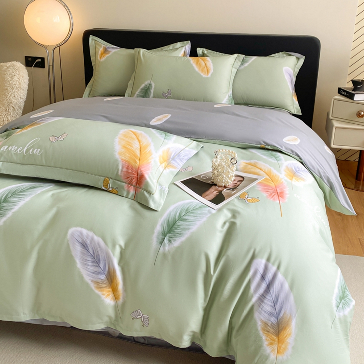 91家纺网 家纺一手货源 找家纺 格里芬家纺 2026新款全棉纯棉40S精梳棉13376印花四件套 雨蝶-绿