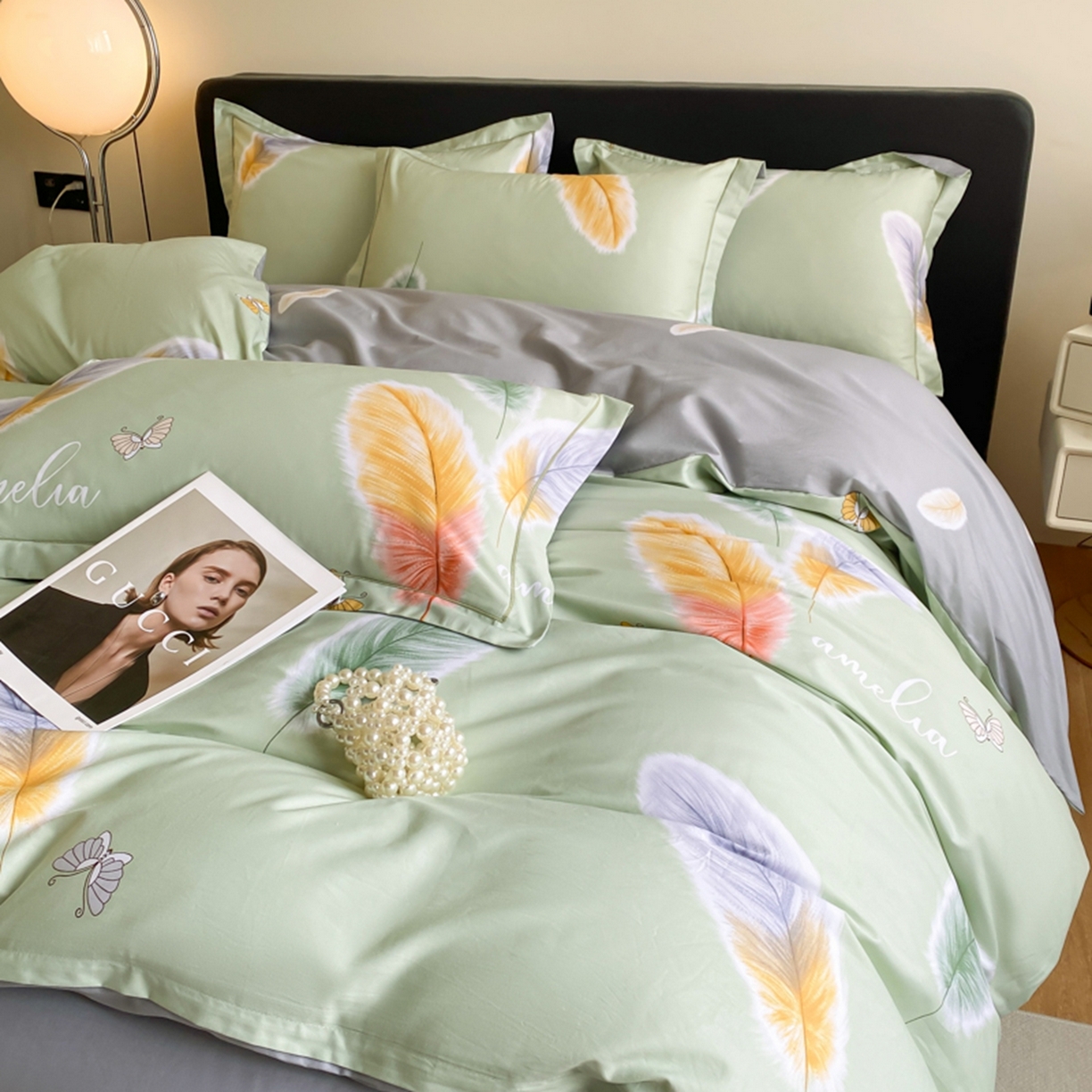 91家纺网 家纺一手货源 找家纺 格里芬家纺 2026新款全棉纯棉40S精梳棉13376印花四件套 雨蝶-绿