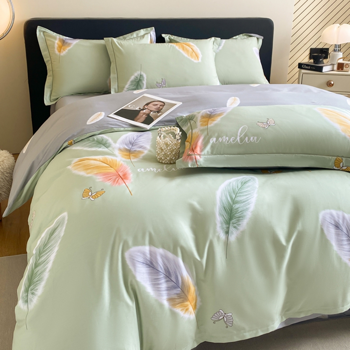 91家纺网 家纺一手货源 找家纺 格里芬家纺 2026新款全棉纯棉40S精梳棉13376印花四件套 雨蝶-绿