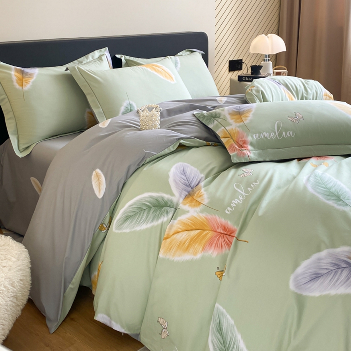 91家纺网 家纺一手货源 找家纺 格里芬家纺 2026新款全棉纯棉40S精梳棉13376印花四件套 雨蝶-绿