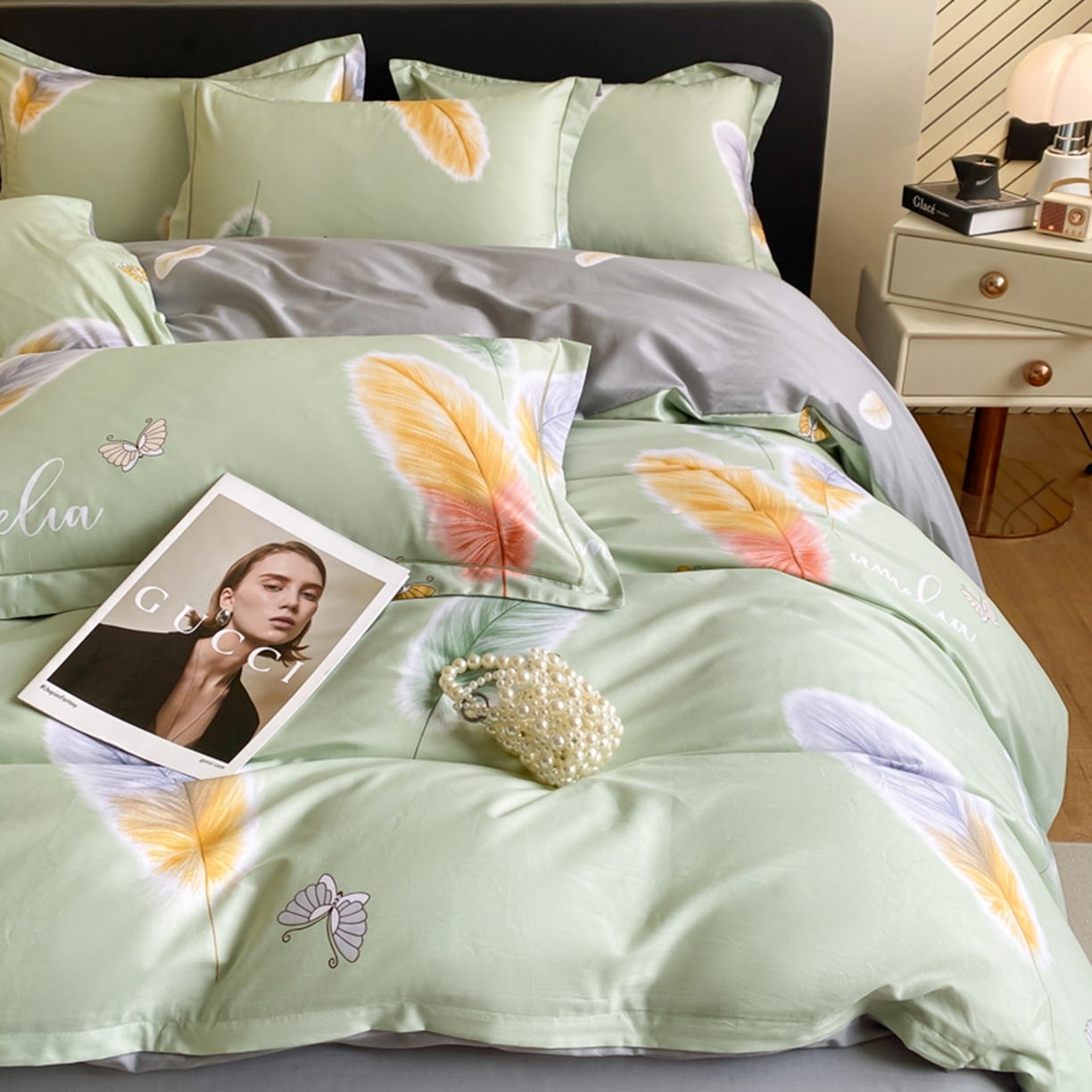 91家纺网 家纺一手货源 找家纺 格里芬家纺 2026新款全棉纯棉40S精梳棉13376印花四件套 雨蝶-绿