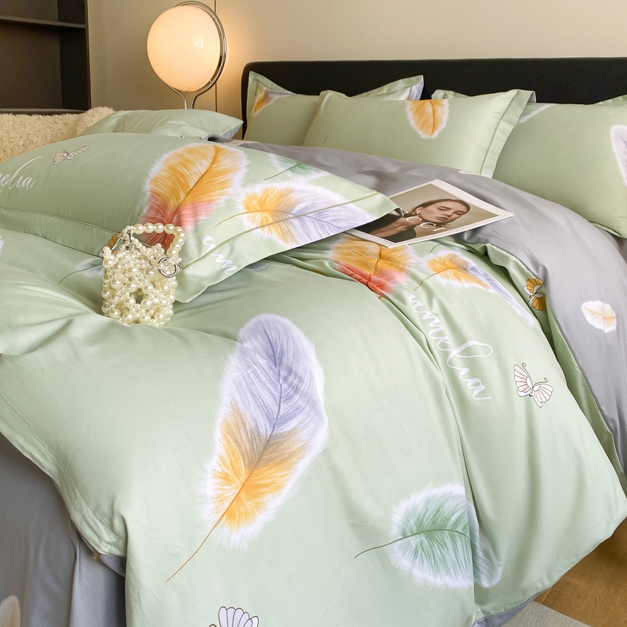 91家纺网 家纺一手货源 找家纺 格里芬家纺 2026新款全棉纯棉40S精梳棉13376印花四件套 雨蝶-绿