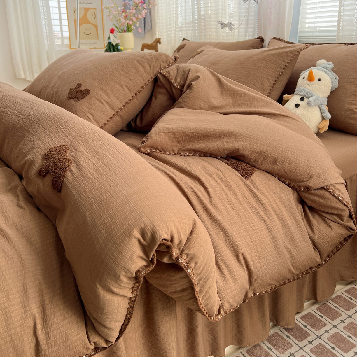 91家纺网 家纺一手货源 找家纺 富米莱（原臻工厂） 2026新款奶呼呼云感纱贝壳边毛巾绣四件套-小飞马 小飞马一咖