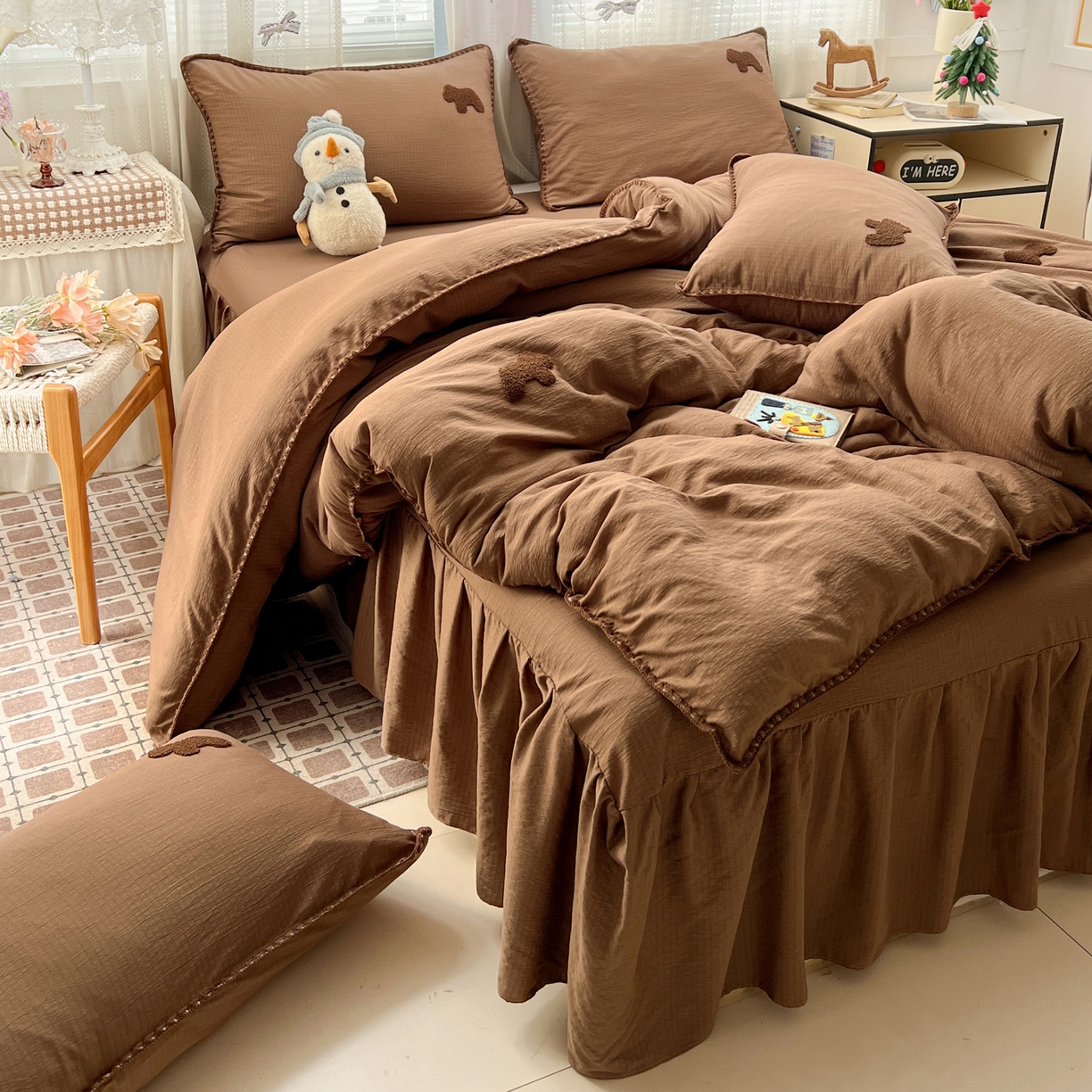 91家纺网 家纺一手货源 找家纺 富米莱（原臻工厂） 2026新款奶呼呼云感纱贝壳边毛巾绣四件套-小飞马 小飞马一咖