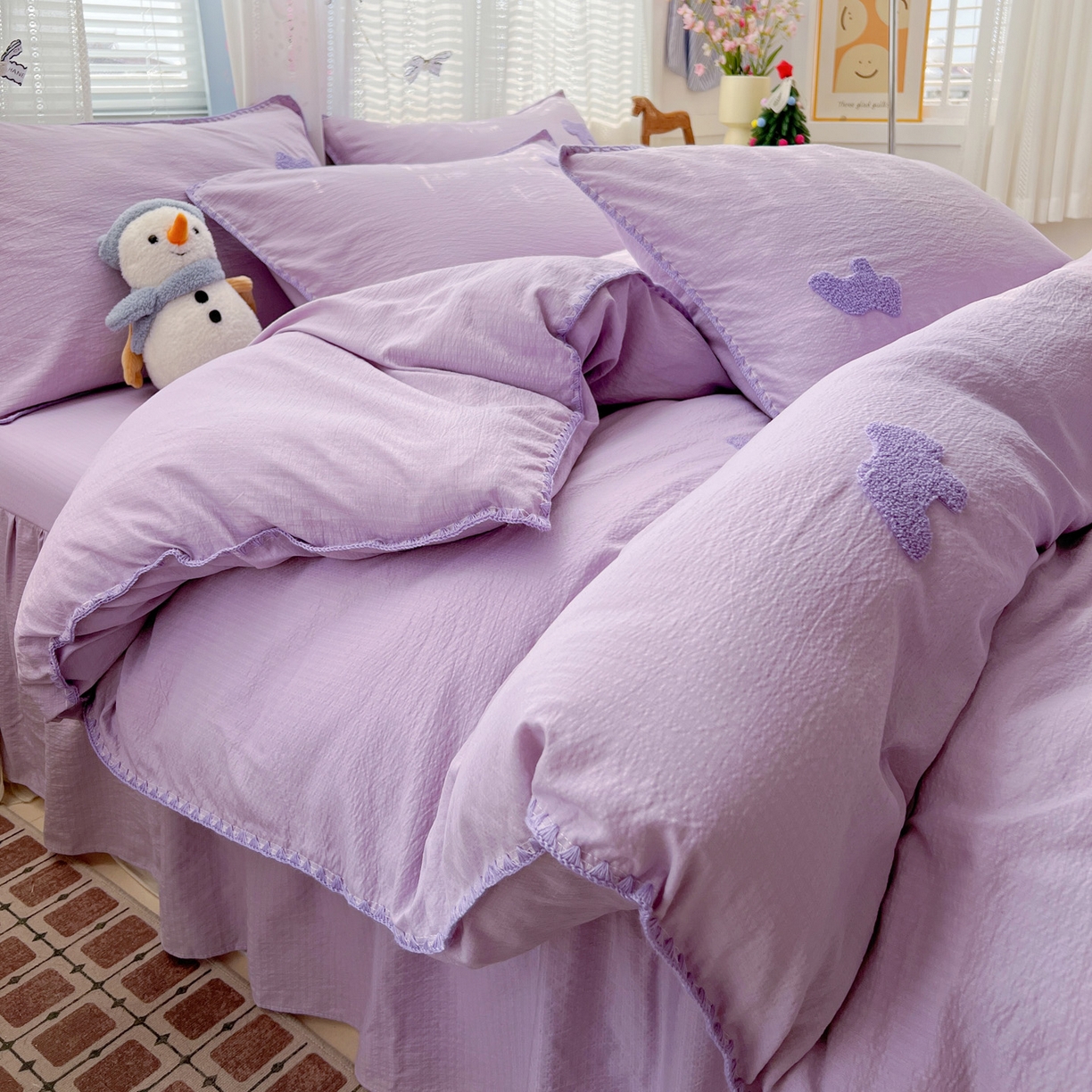 富米莱（原臻工厂） 2026新款奶呼呼云感纱贝壳边毛巾绣四件套-小飞马 小飞马一紫