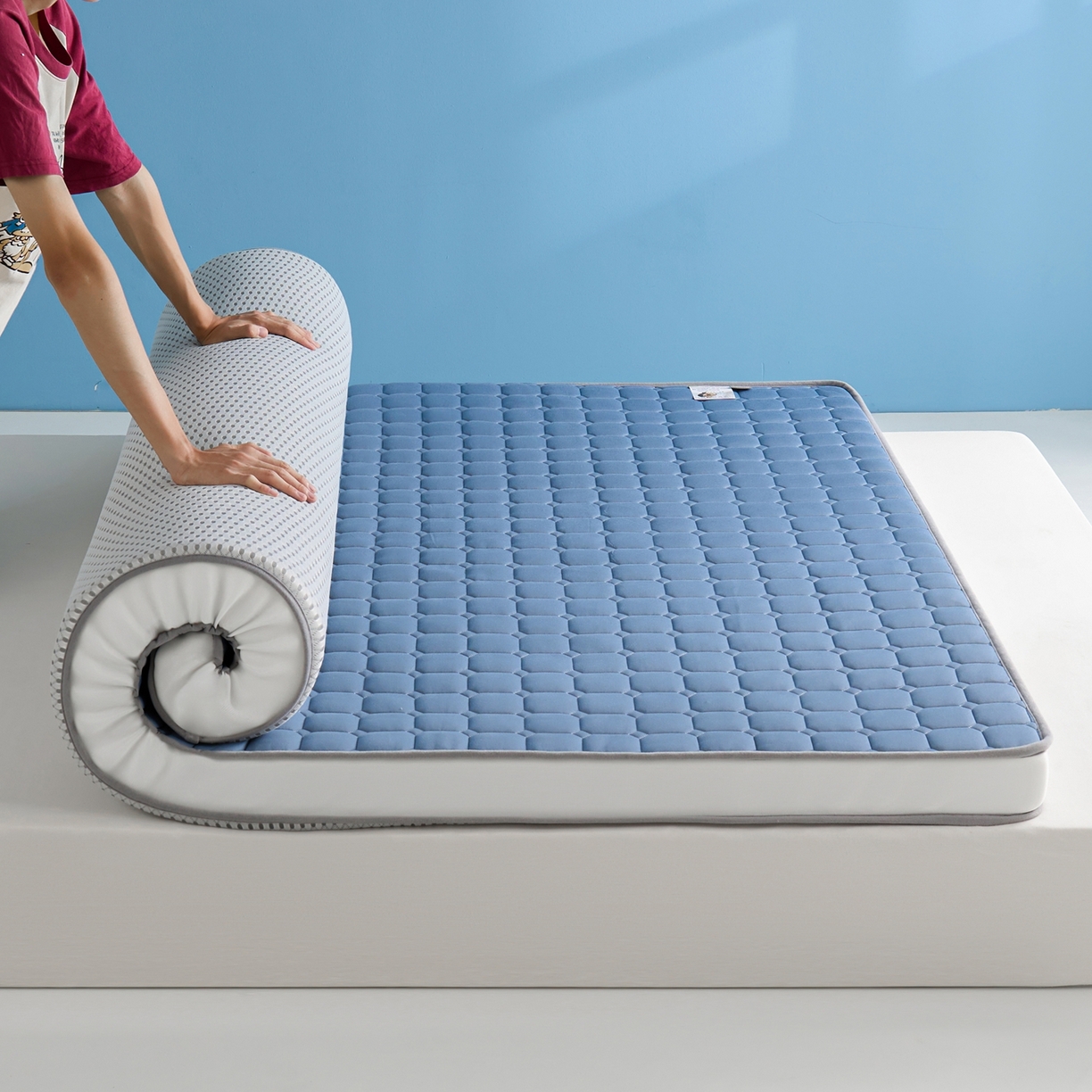 娇逸家居 2026新款简约记忆海绵床垫-大床图 方格深蓝