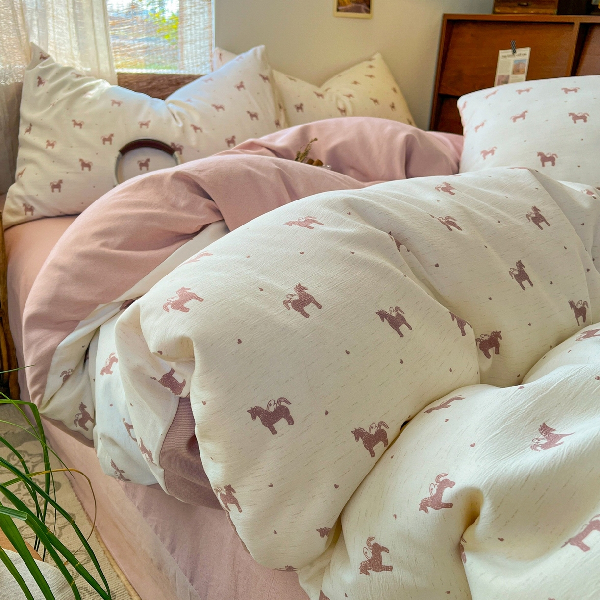 金梦拉家纺 2026新款色织棉麻棉纱小露麻四件套 艾马