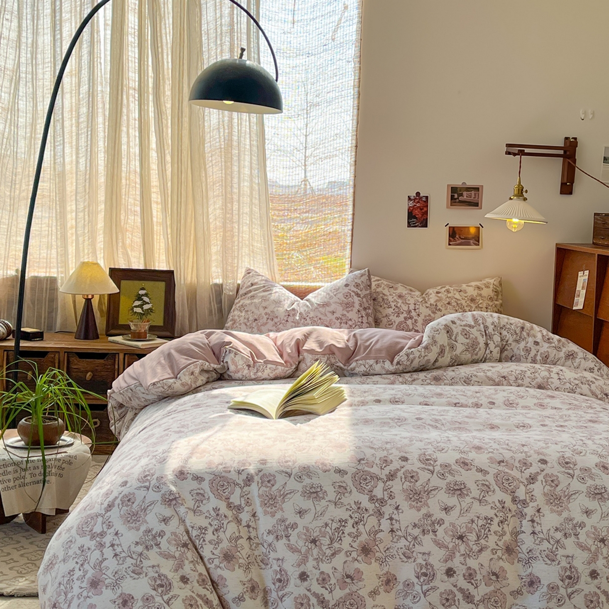 91家纺网 家纺一手货源 找家纺 金梦拉家纺 2026新款色织棉麻棉纱小露麻四件套 粉绘花影