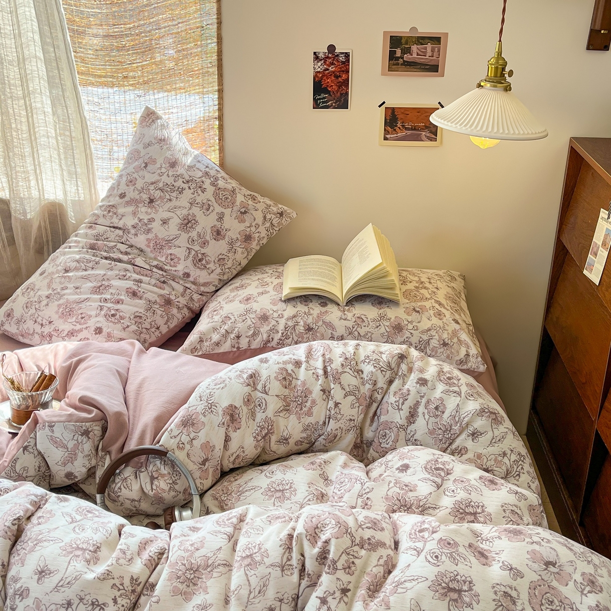 91家纺网 家纺一手货源 找家纺 金梦拉家纺 2026新款色织棉麻棉纱小露麻四件套 粉绘花影