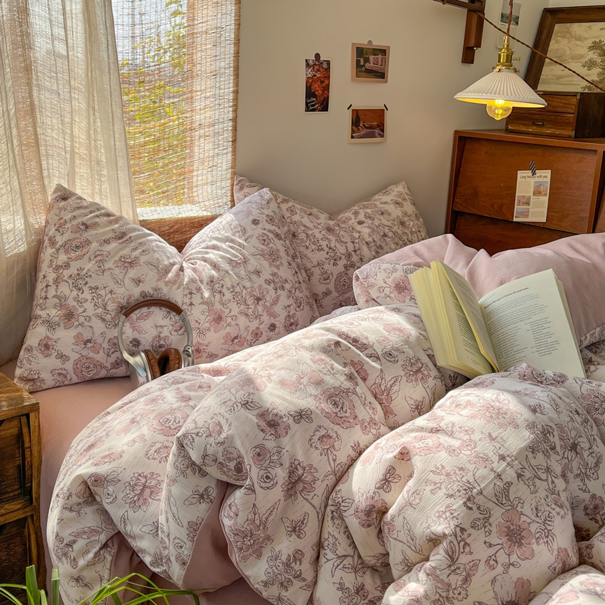 91家纺网 家纺一手货源 找家纺 金梦拉家纺 2026新款色织棉麻棉纱小露麻四件套 粉绘花影