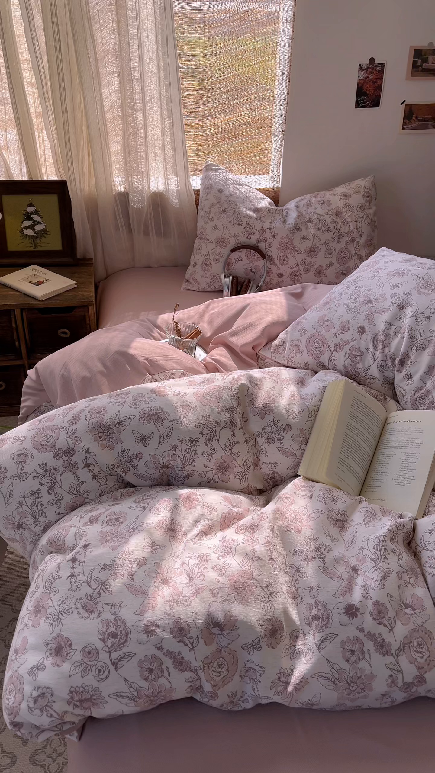 91家纺网 家纺一手货源 找家纺 金梦拉家纺 2026新款色织棉麻棉纱小露麻四件套 粉绘花影