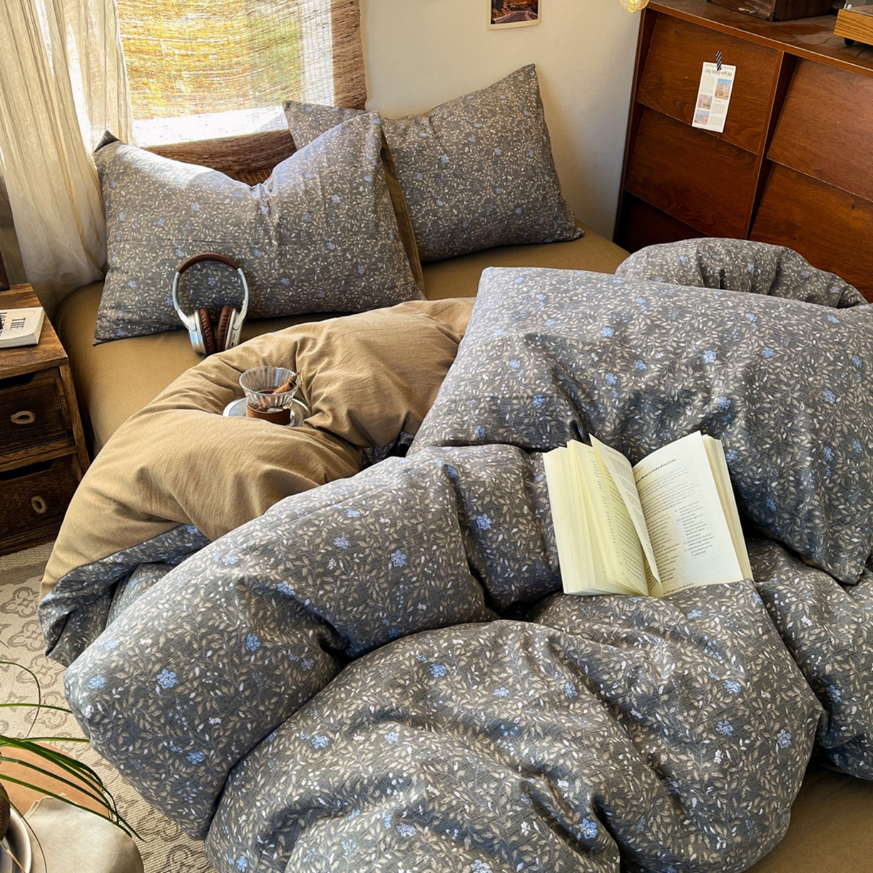 91家纺网 家纺一手货源 找家纺 金梦拉家纺 2026新款色织棉麻棉纱小露麻四件套 锦瑟