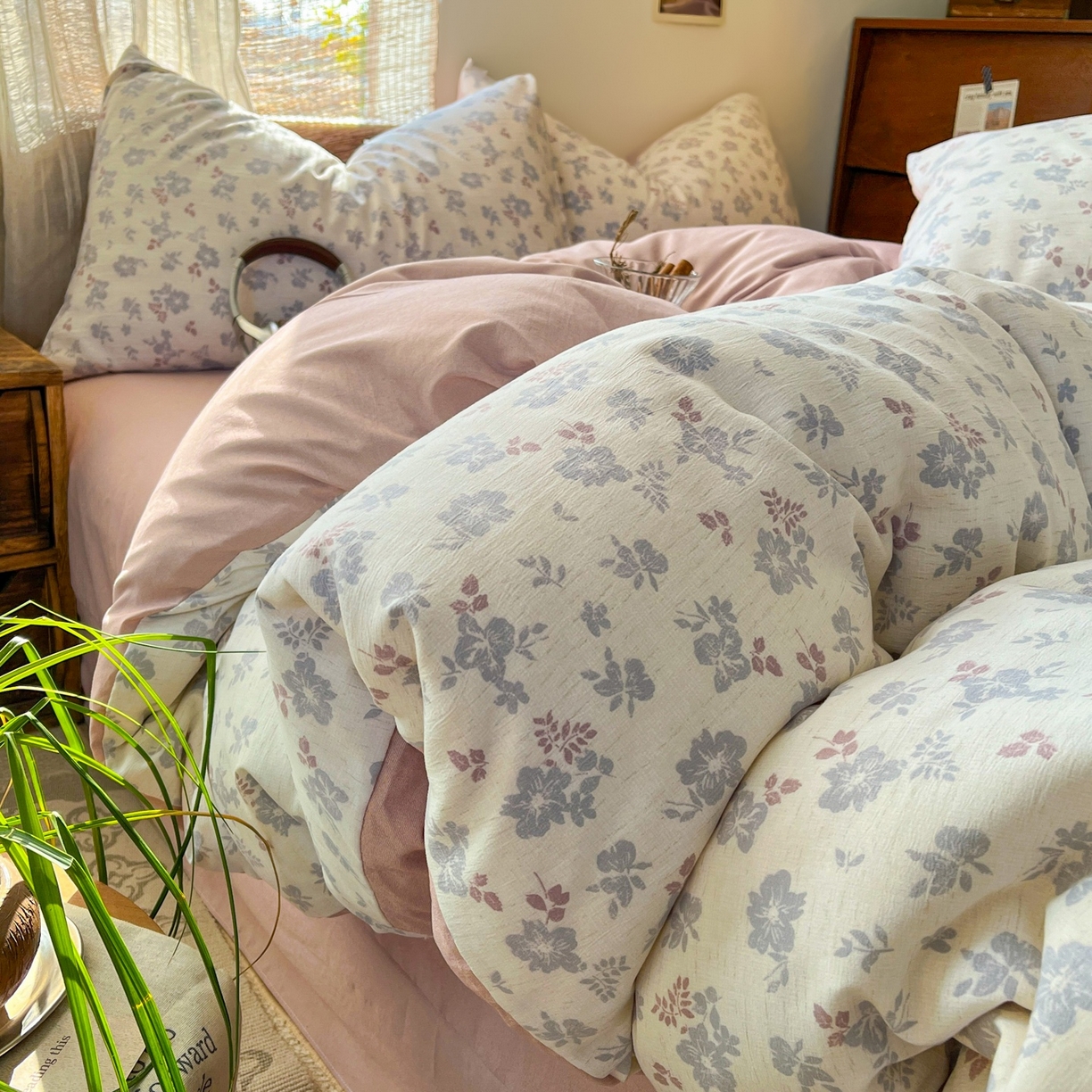 金梦拉家纺 2026新款色织棉麻棉纱小露麻四件套 梨花季