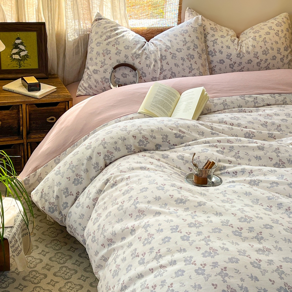 91家纺网 家纺一手货源 找家纺 金梦拉家纺 2026新款色织棉麻棉纱小露麻四件套 梨花季