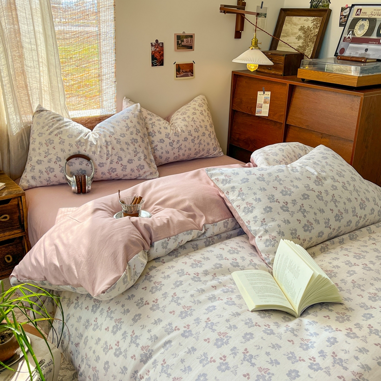 91家纺网 家纺一手货源 找家纺 金梦拉家纺 2026新款色织棉麻棉纱小露麻四件套 梨花季