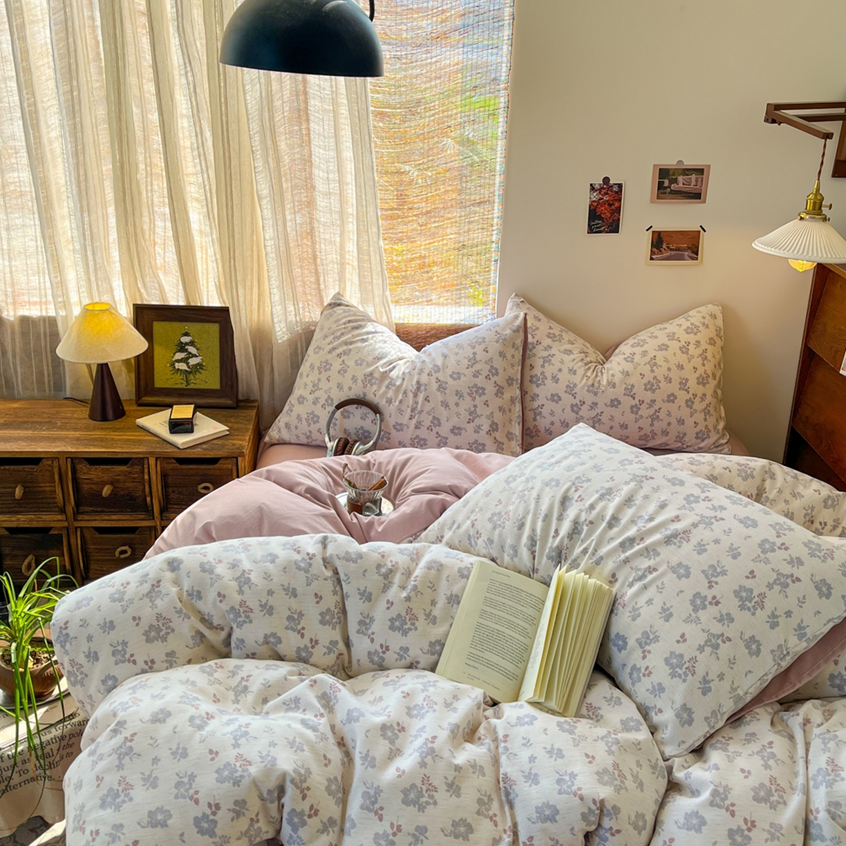 91家纺网 家纺一手货源 找家纺 金梦拉家纺 2026新款色织棉麻棉纱小露麻四件套 梨花季