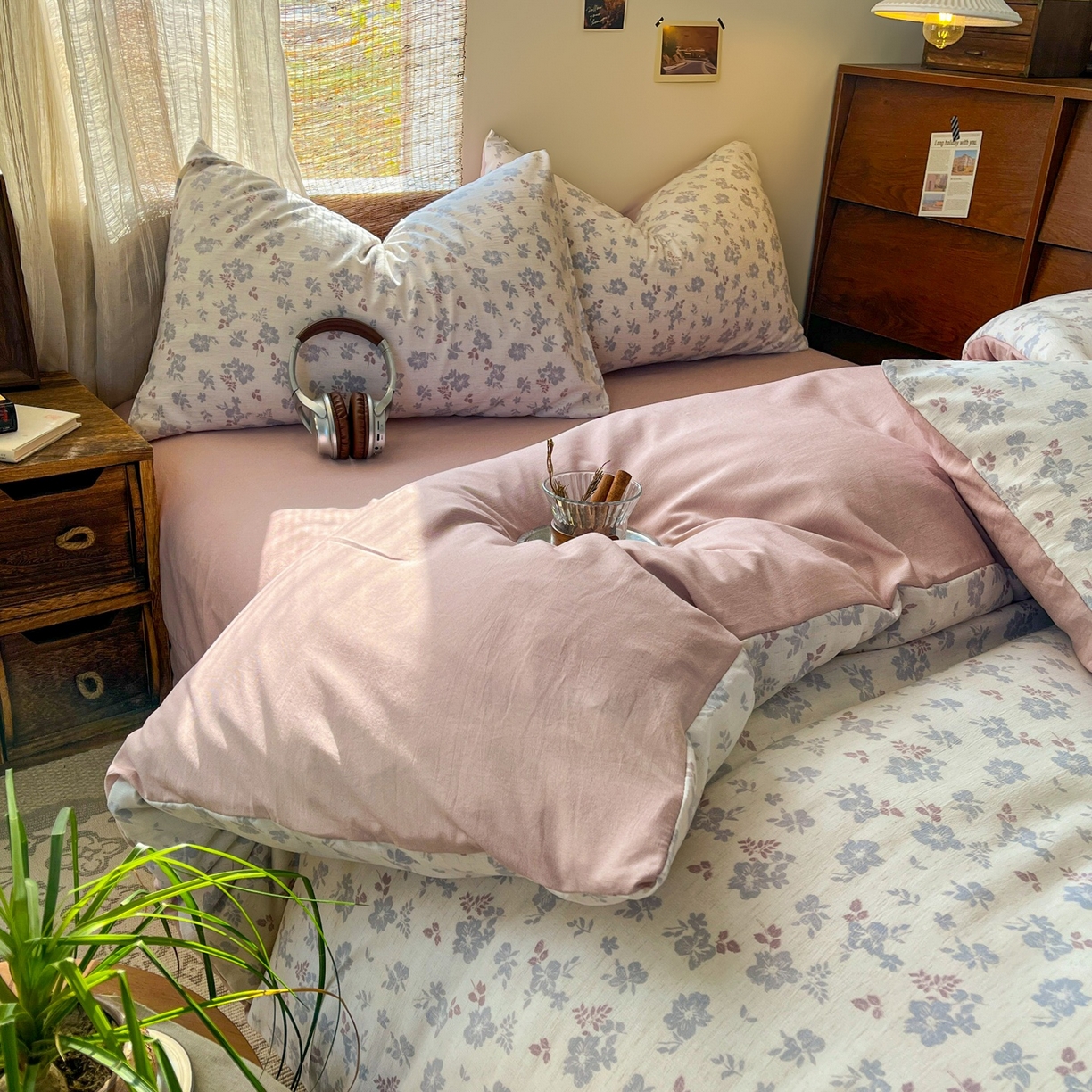 91家纺网 家纺一手货源 找家纺 金梦拉家纺 2026新款色织棉麻棉纱小露麻四件套 梨花季