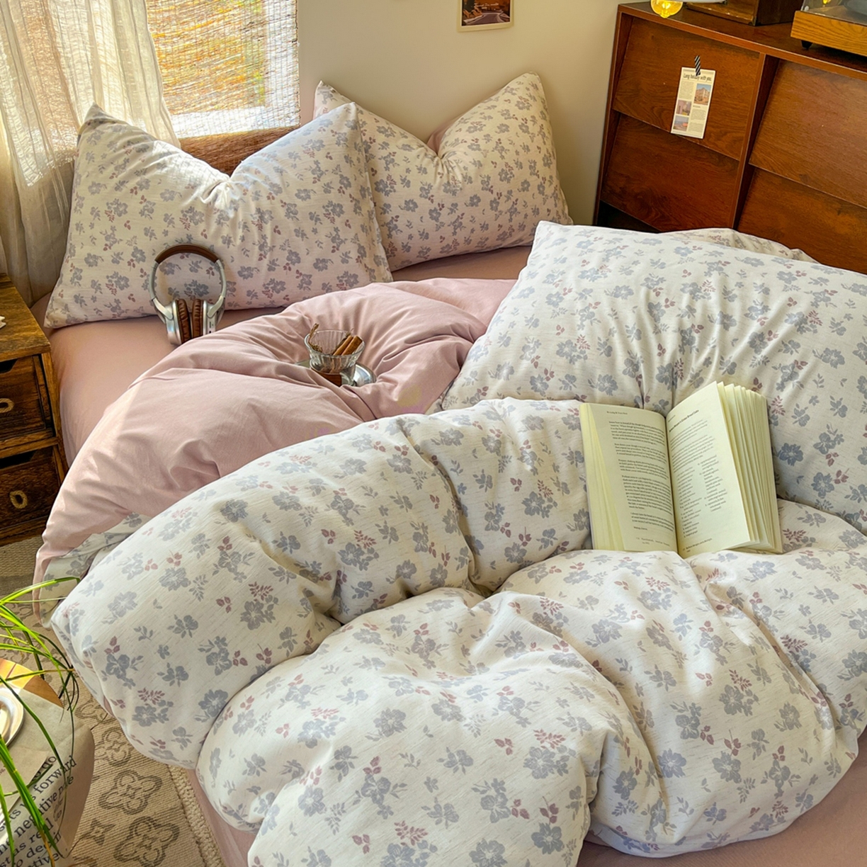 91家纺网 家纺一手货源 找家纺 金梦拉家纺 2026新款色织棉麻棉纱小露麻四件套 梨花季