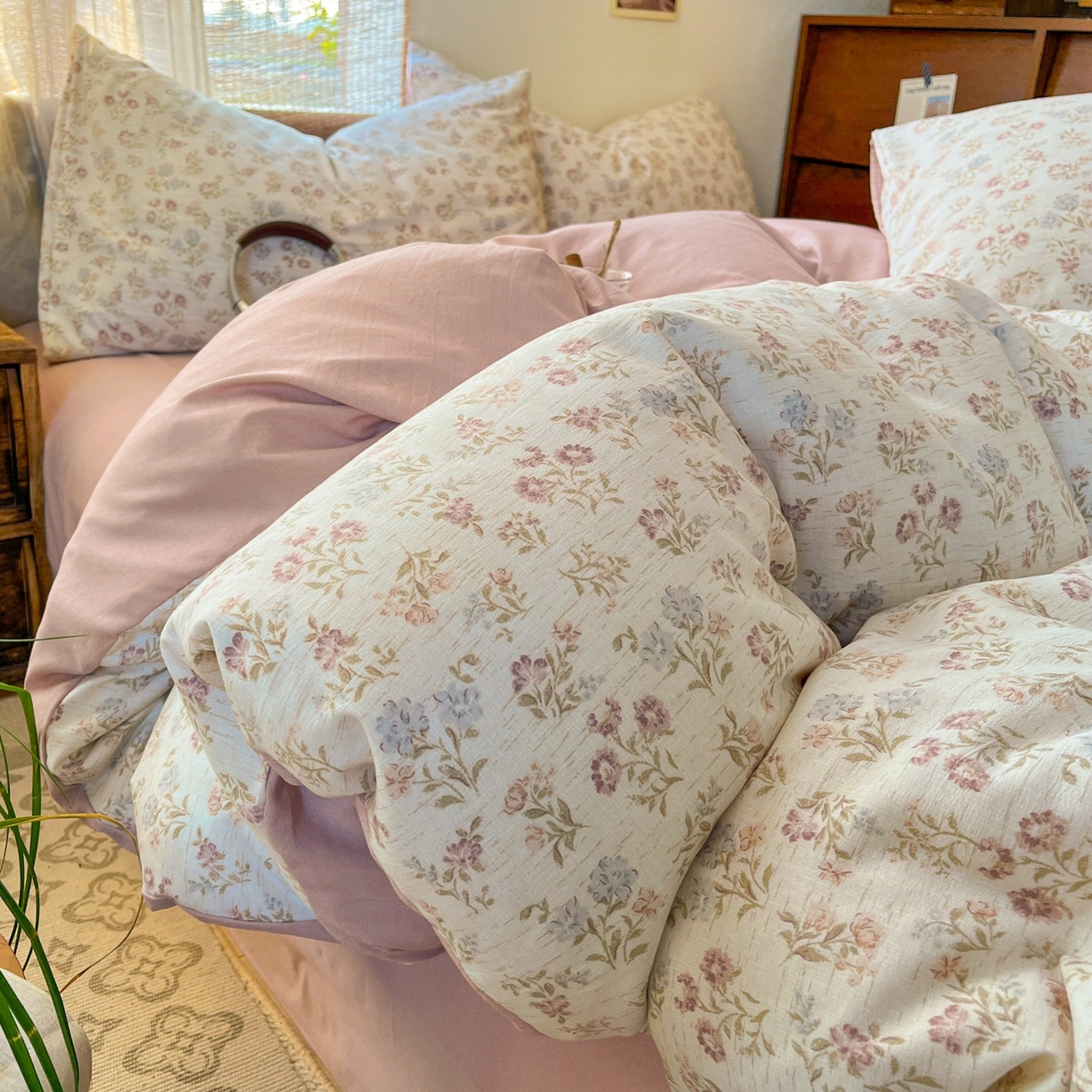 金梦拉家纺 2026新款色织棉麻棉纱小露麻四件套 弥花季