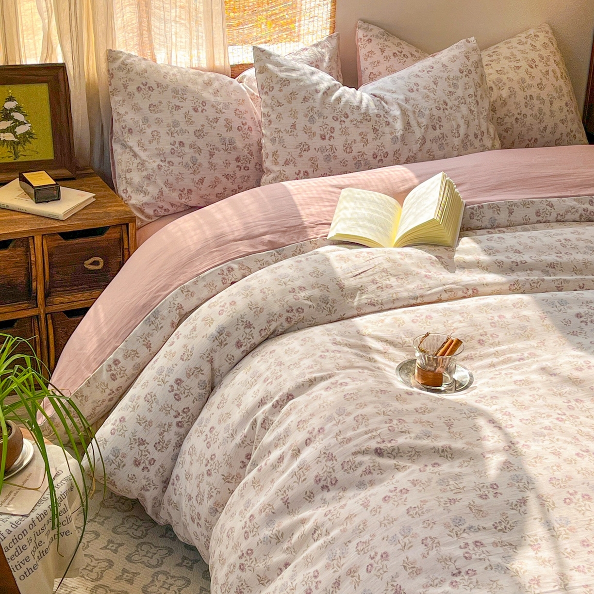 91家纺网 家纺一手货源 找家纺 金梦拉家纺 2026新款色织棉麻棉纱小露麻四件套 弥花季