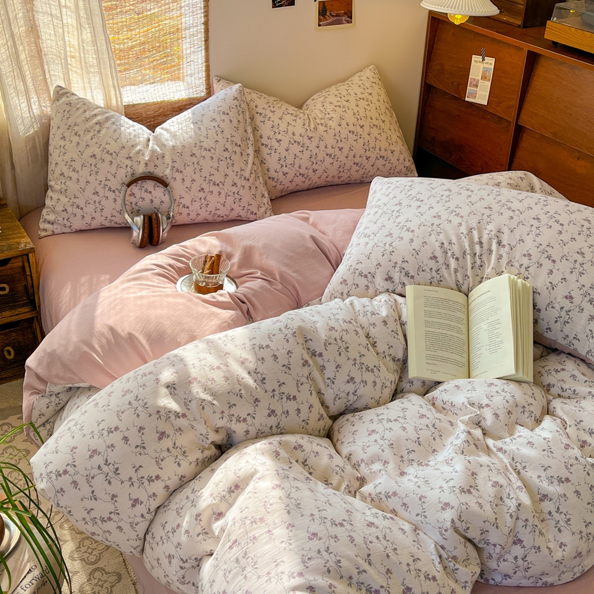 91家纺网 家纺一手货源 找家纺 金梦拉家纺 2026新款色织棉麻棉纱小露麻四件套 南枝