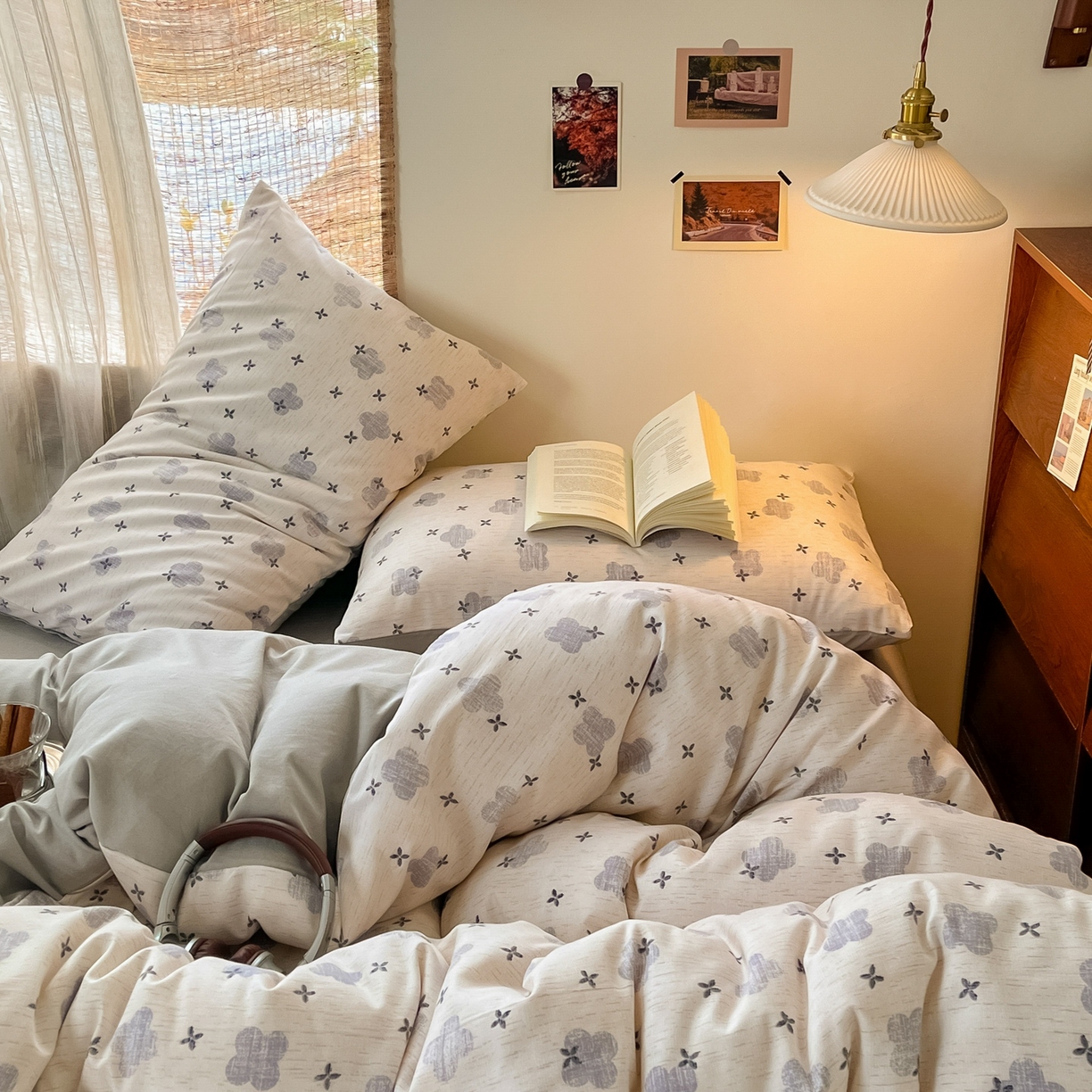 91家纺网 家纺一手货源 找家纺 金梦拉家纺 2026新款色织棉麻棉纱小露麻四件套 四叶草