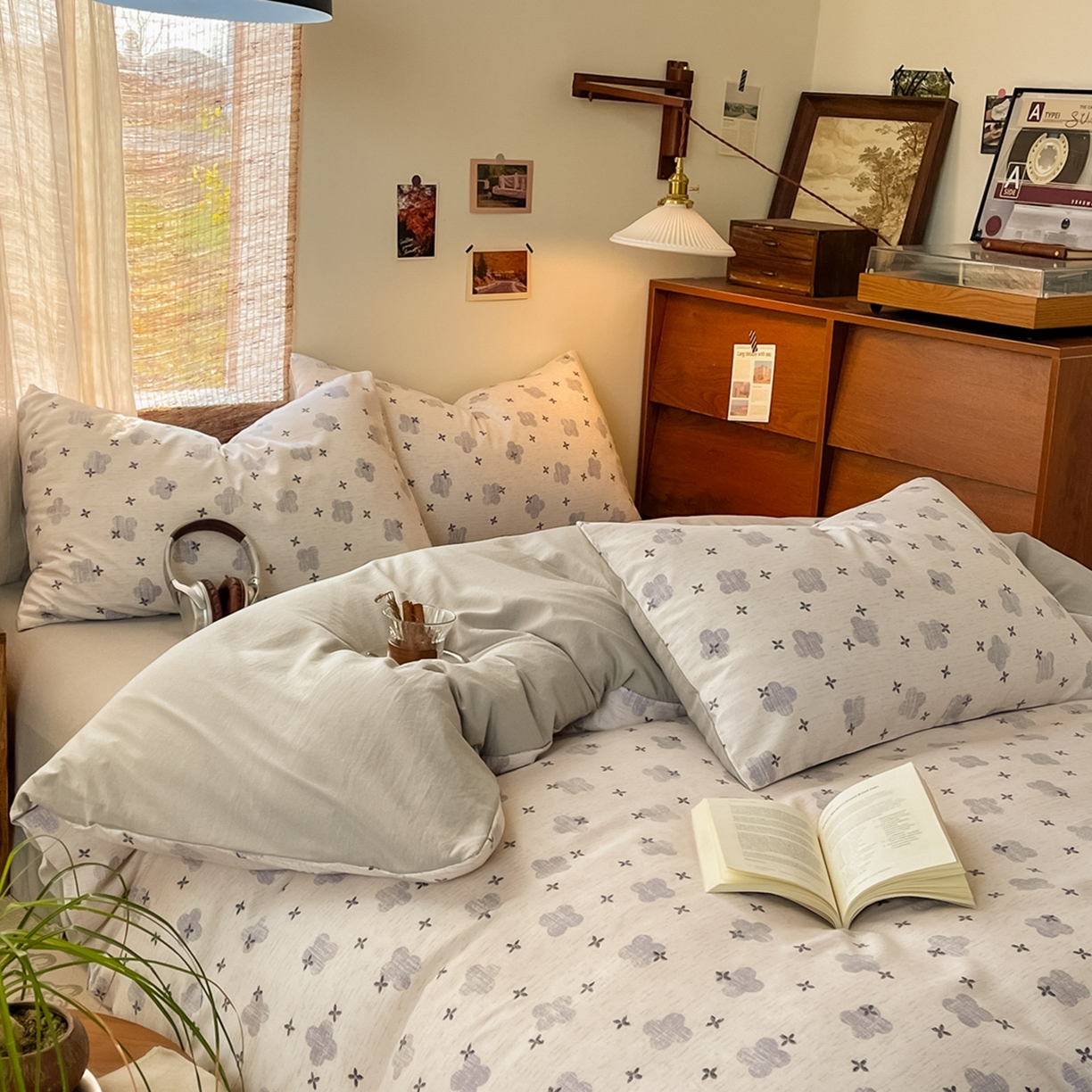 91家纺网 家纺一手货源 找家纺 金梦拉家纺 2026新款色织棉麻棉纱小露麻四件套 四叶草