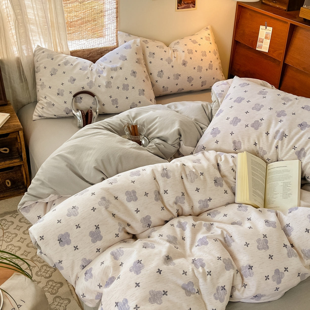 91家纺网 家纺一手货源 找家纺 金梦拉家纺 2026新款色织棉麻棉纱小露麻四件套 四叶草