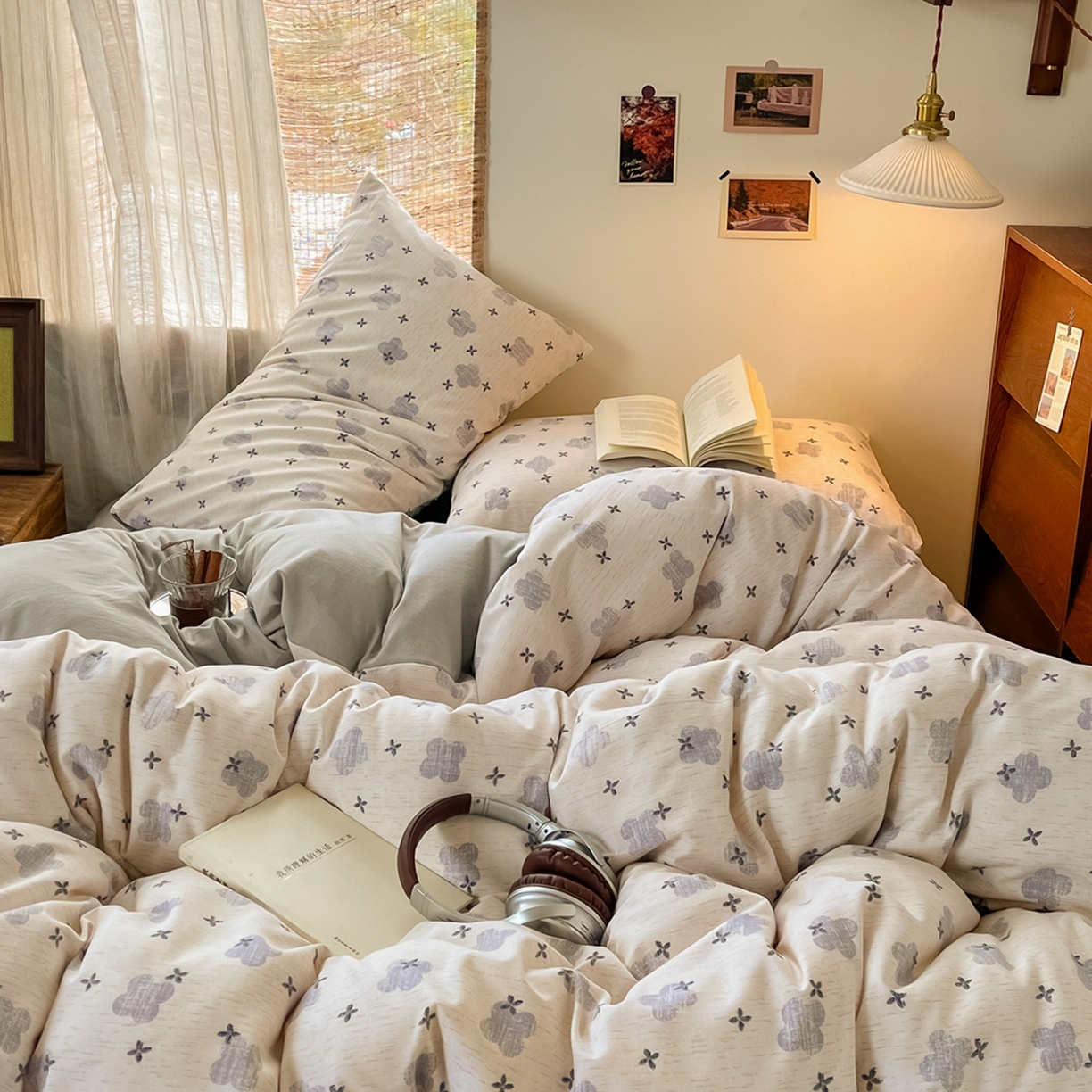 91家纺网 家纺一手货源 找家纺 金梦拉家纺 2026新款色织棉麻棉纱小露麻四件套 四叶草