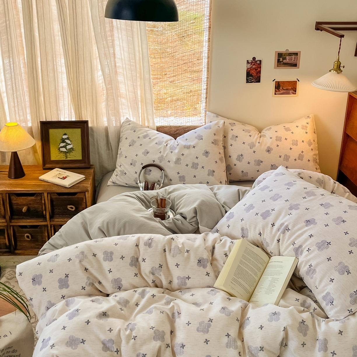 91家纺网 家纺一手货源 找家纺 金梦拉家纺 2026新款色织棉麻棉纱小露麻四件套 四叶草