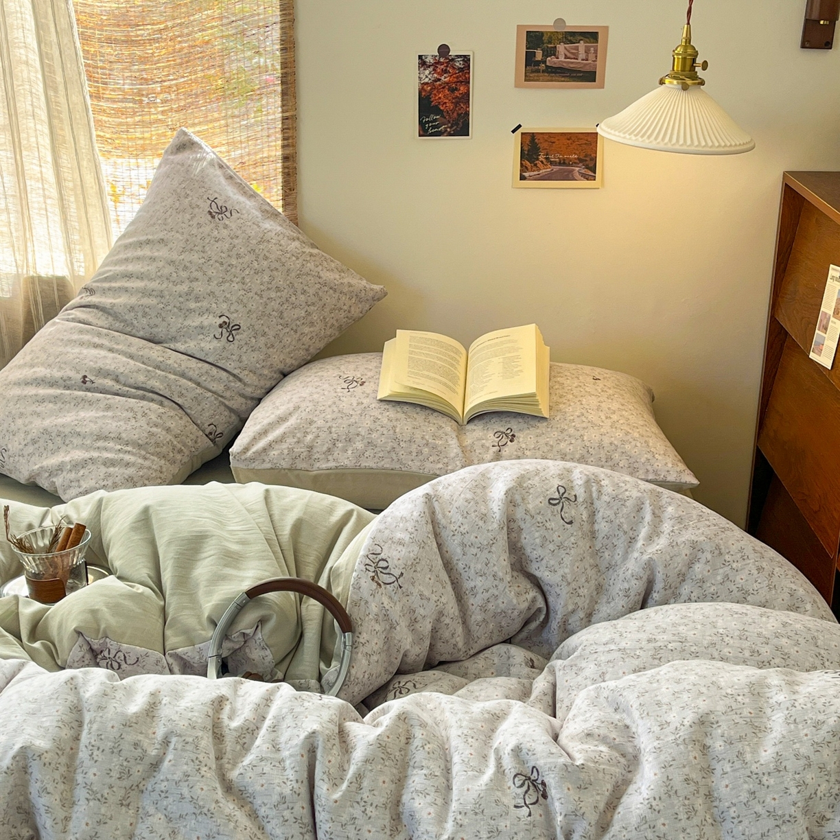 91家纺网 家纺一手货源 找家纺 金梦拉家纺 2026新款色织棉麻棉纱小露麻四件套 小津绿