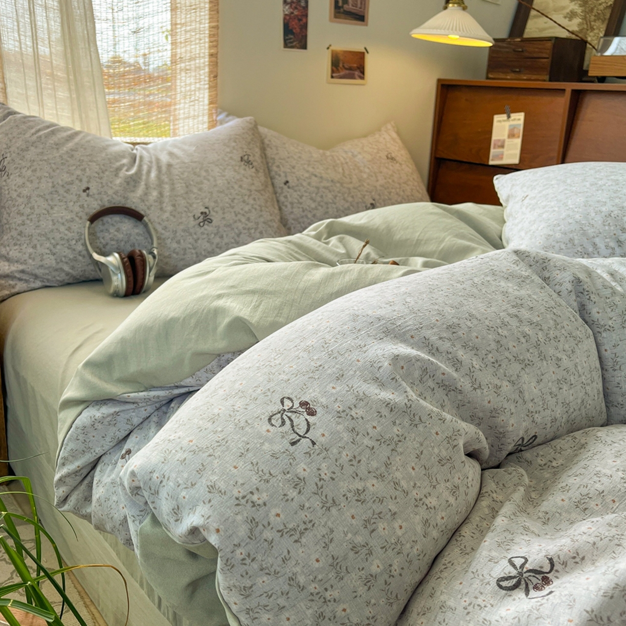 91家纺网 家纺一手货源 找家纺 金梦拉家纺 2026新款色织棉麻棉纱小露麻四件套 小津绿