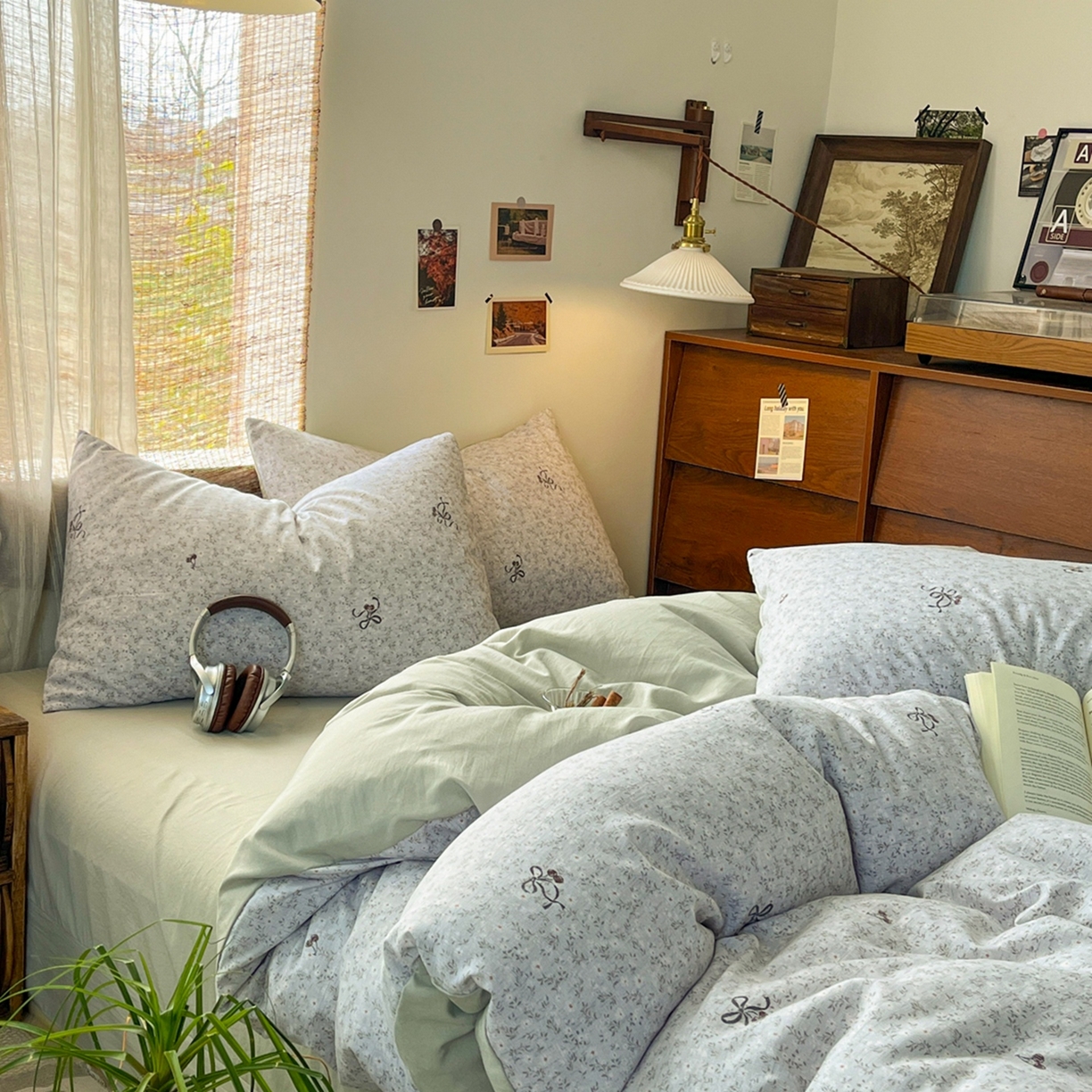 91家纺网 家纺一手货源 找家纺 金梦拉家纺 2026新款色织棉麻棉纱小露麻四件套 小津绿