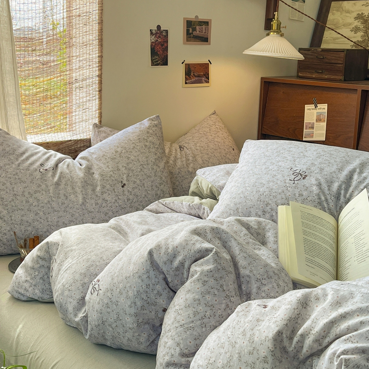 91家纺网 家纺一手货源 找家纺 金梦拉家纺 2026新款色织棉麻棉纱小露麻四件套 小津绿