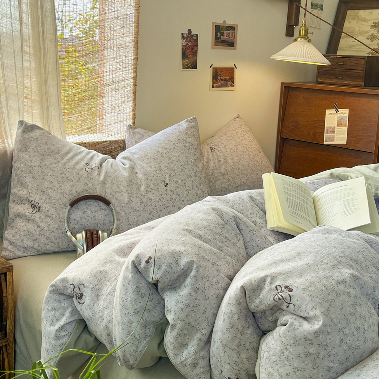 91家纺网 家纺一手货源 找家纺 金梦拉家纺 2026新款色织棉麻棉纱小露麻四件套 小津绿