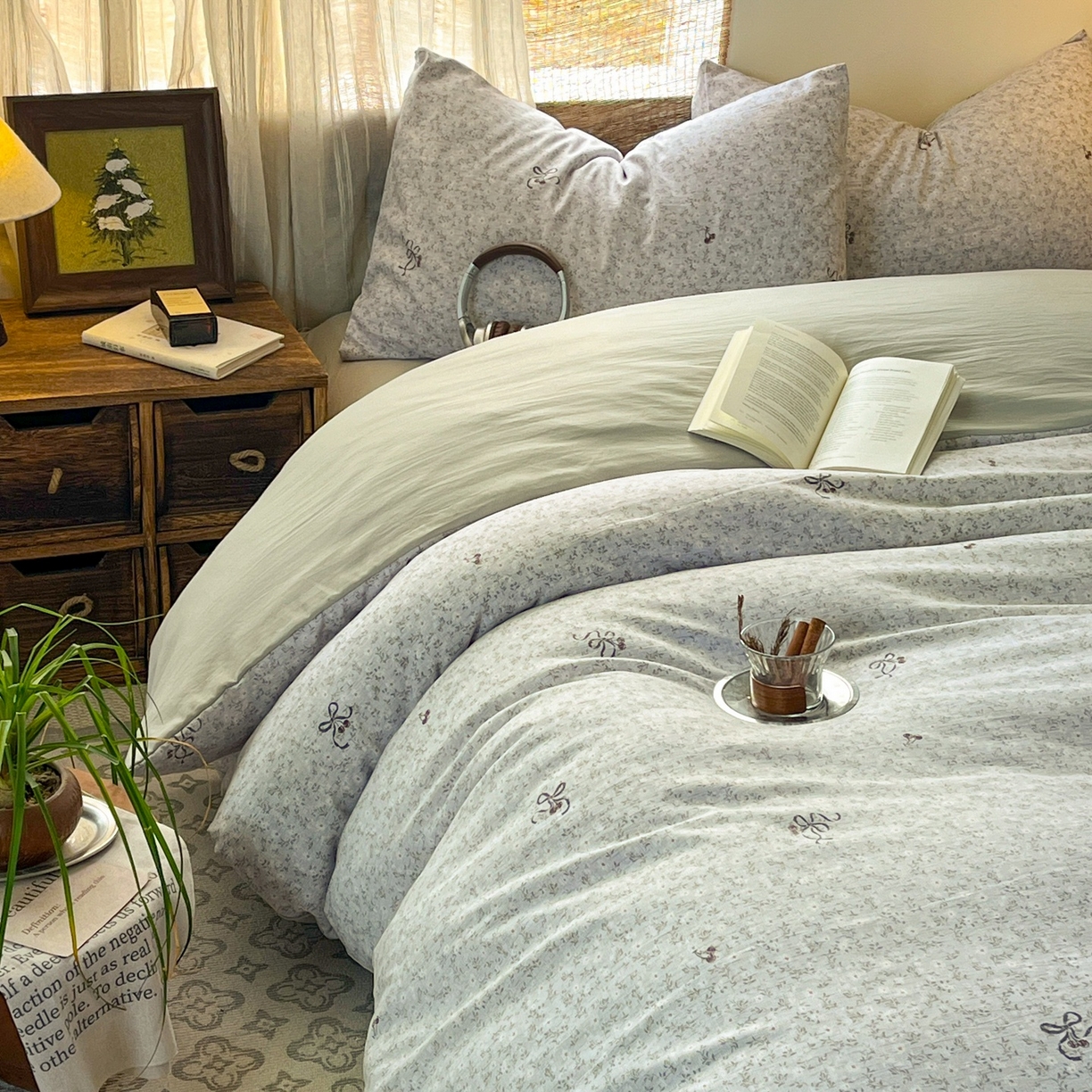 91家纺网 家纺一手货源 找家纺 金梦拉家纺 2026新款色织棉麻棉纱小露麻四件套 小津绿