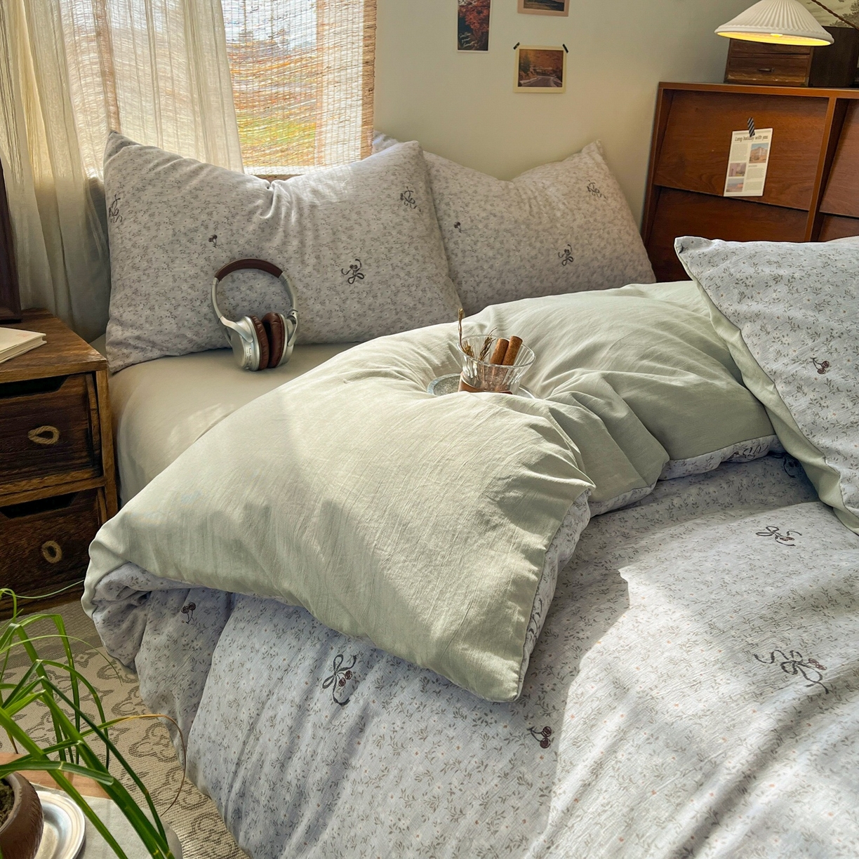 91家纺网 家纺一手货源 找家纺 金梦拉家纺 2026新款色织棉麻棉纱小露麻四件套 小津绿