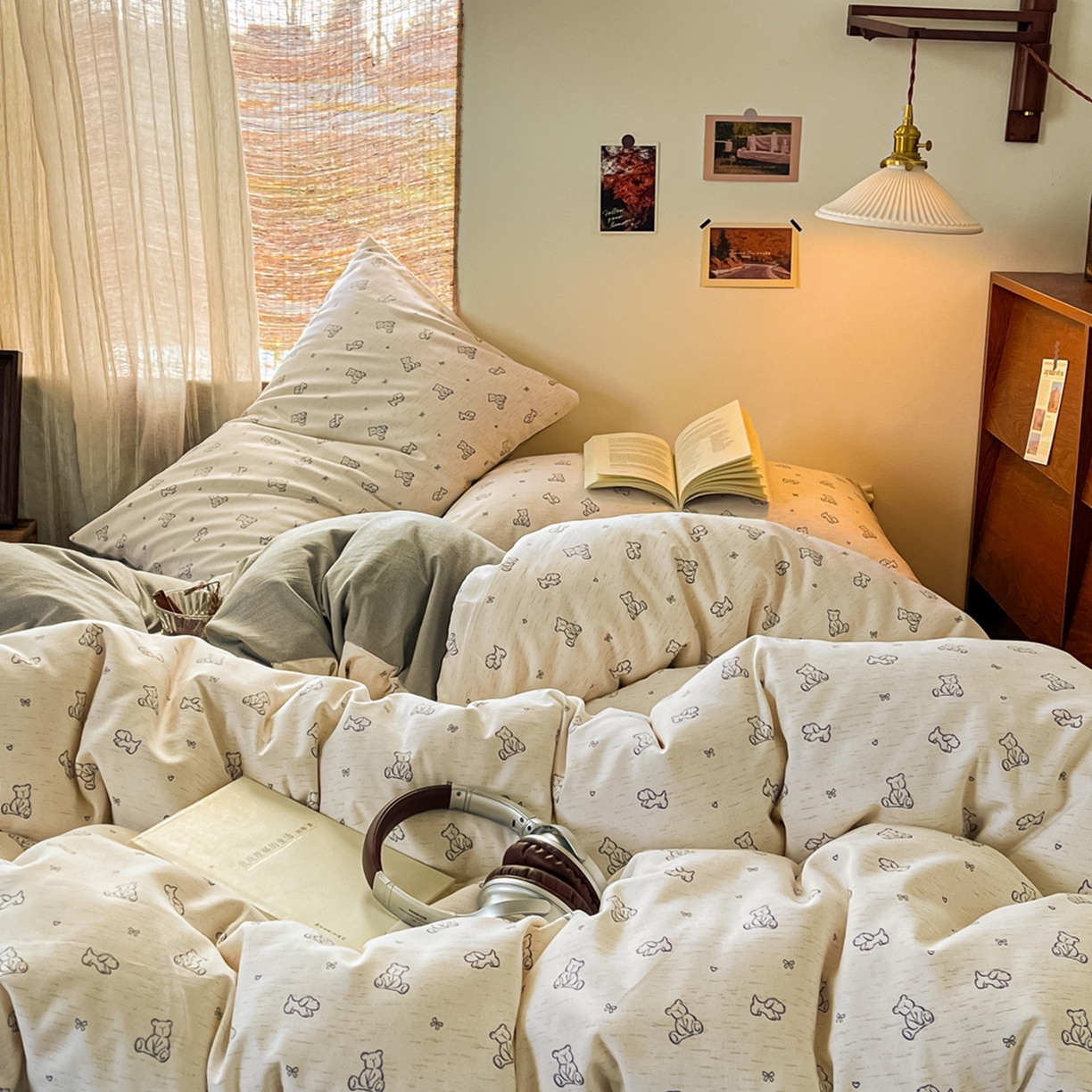 91家纺网 家纺一手货源 找家纺 金梦拉家纺 2026新款色织棉麻棉纱小露麻四件套 小熊