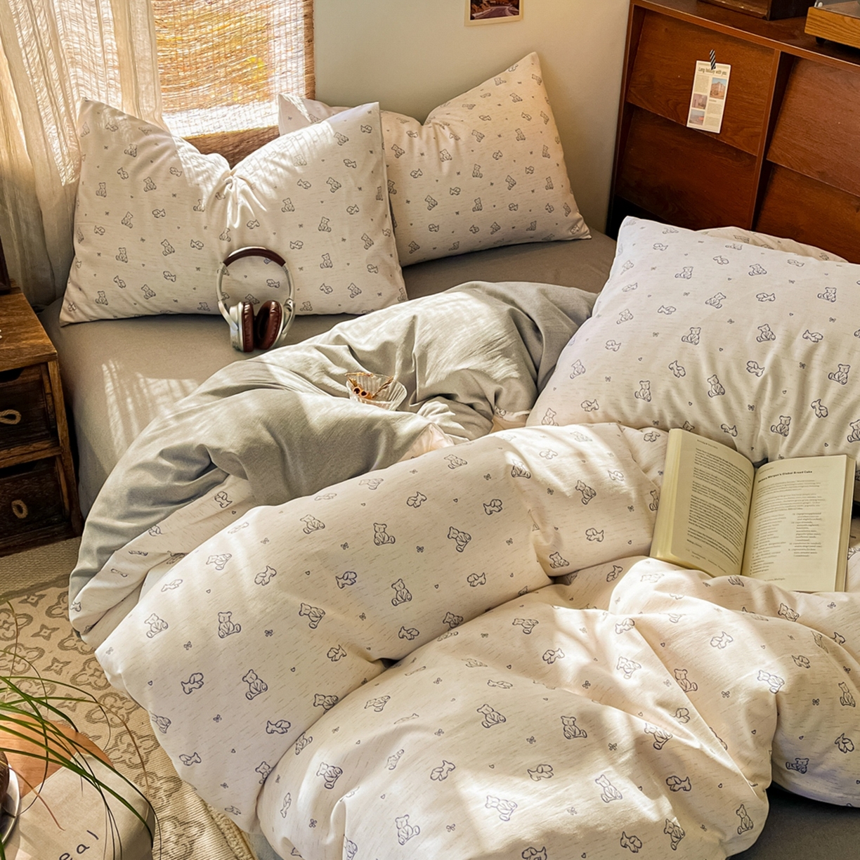 91家纺网 家纺一手货源 找家纺 金梦拉家纺 2026新款色织棉麻棉纱小露麻四件套 小熊