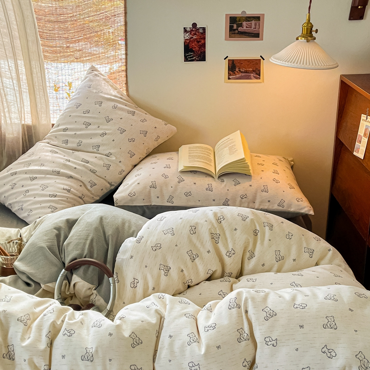 91家纺网 家纺一手货源 找家纺 金梦拉家纺 2026新款色织棉麻棉纱小露麻四件套 小熊