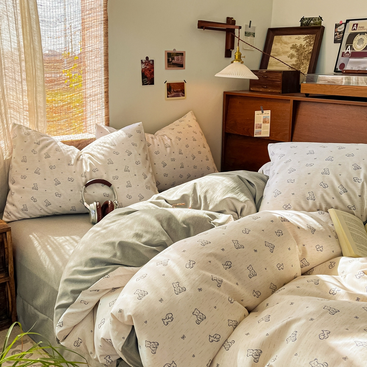 91家纺网 家纺一手货源 找家纺 金梦拉家纺 2026新款色织棉麻棉纱小露麻四件套 小熊