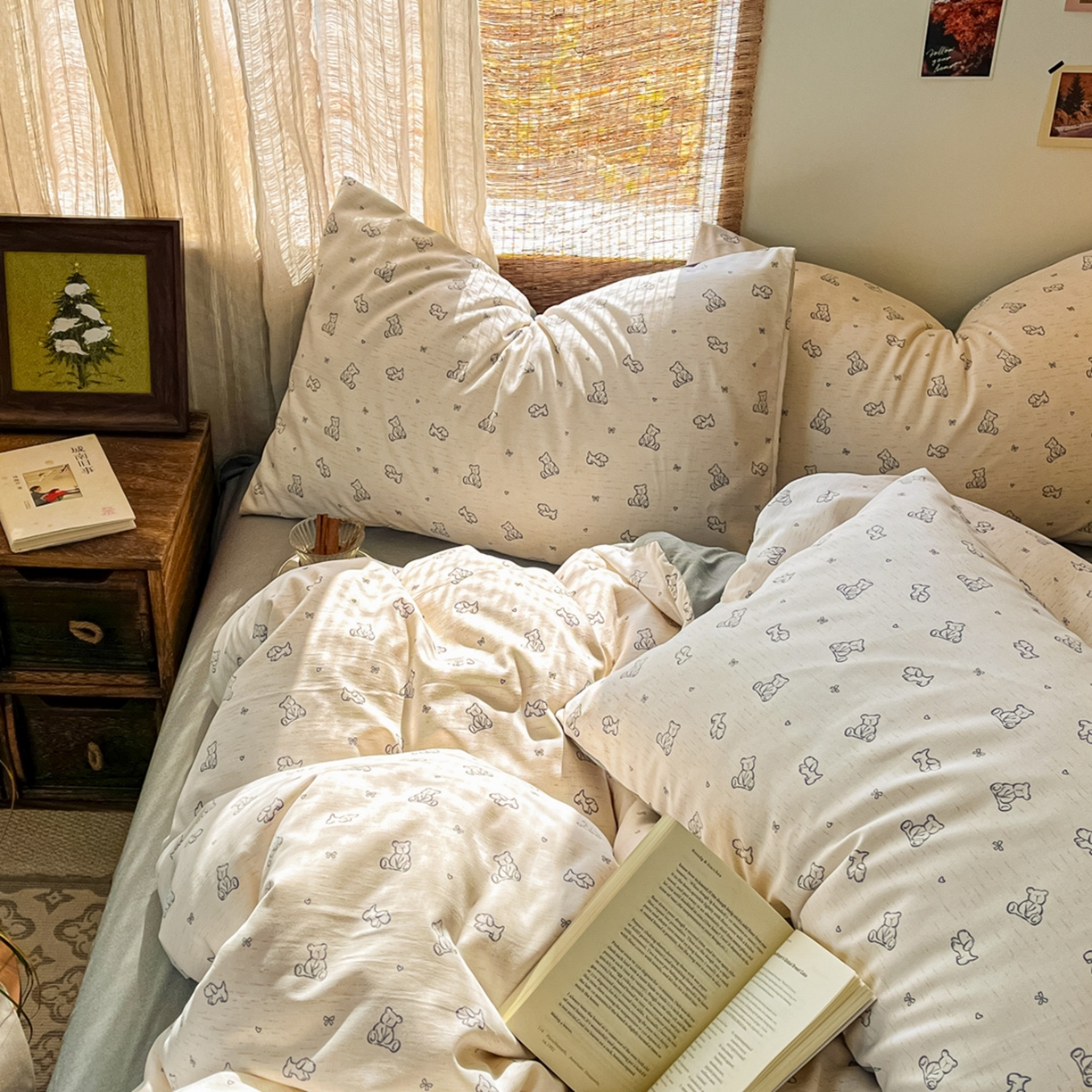 91家纺网 家纺一手货源 找家纺 金梦拉家纺 2026新款色织棉麻棉纱小露麻四件套 小熊