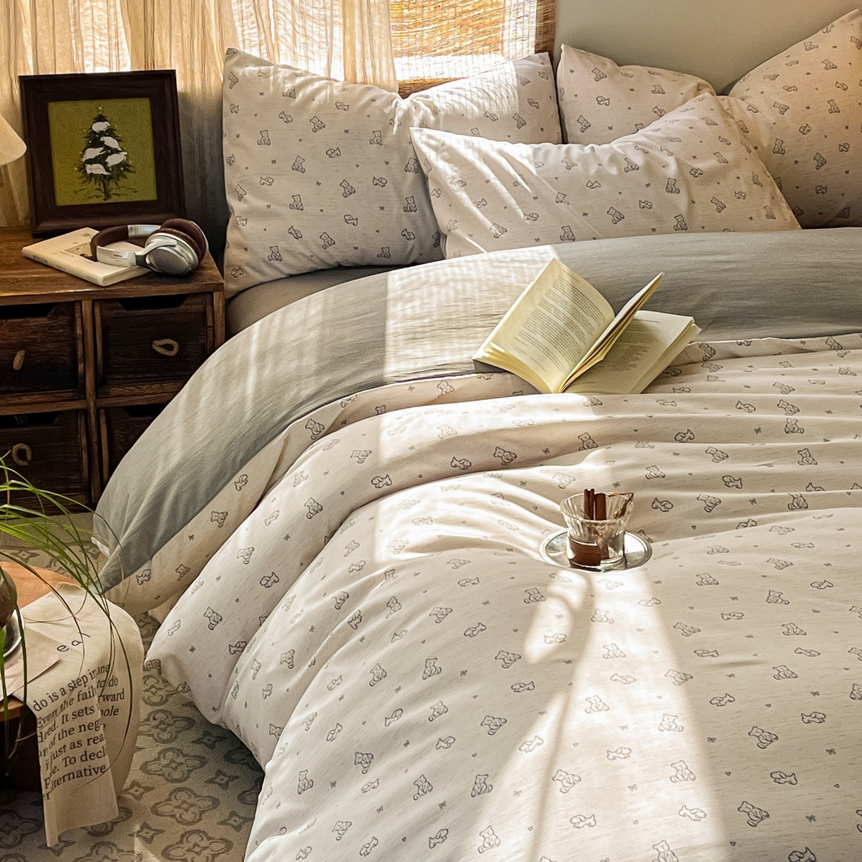 91家纺网 家纺一手货源 找家纺 金梦拉家纺 2026新款色织棉麻棉纱小露麻四件套 小熊