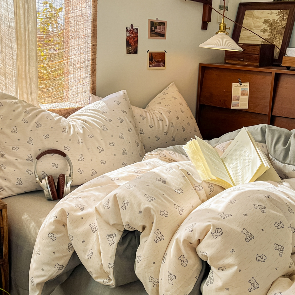 91家纺网 家纺一手货源 找家纺 金梦拉家纺 2026新款色织棉麻棉纱小露麻四件套 小熊