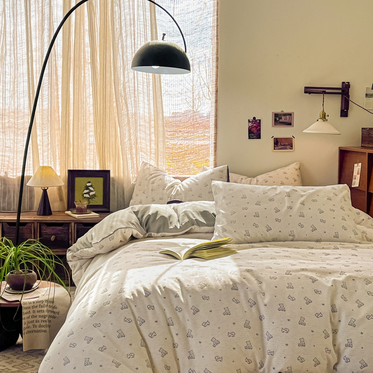 91家纺网 家纺一手货源 找家纺 金梦拉家纺 2026新款色织棉麻棉纱小露麻四件套 小熊