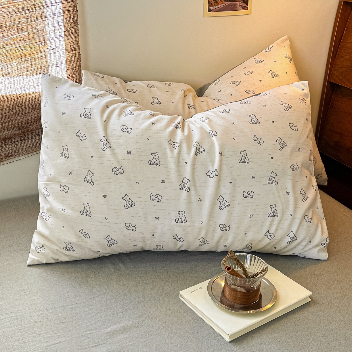 91家纺网 家纺一手货源 找家纺 金梦拉家纺 2026新款色织棉麻棉纱小露麻四件套 小熊