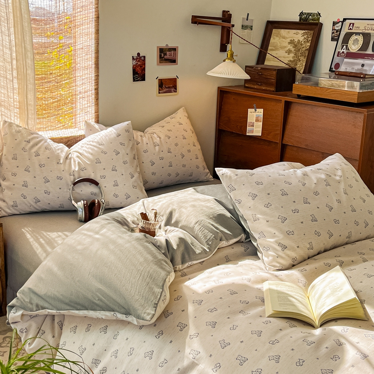 91家纺网 家纺一手货源 找家纺 金梦拉家纺 2026新款色织棉麻棉纱小露麻四件套 小熊