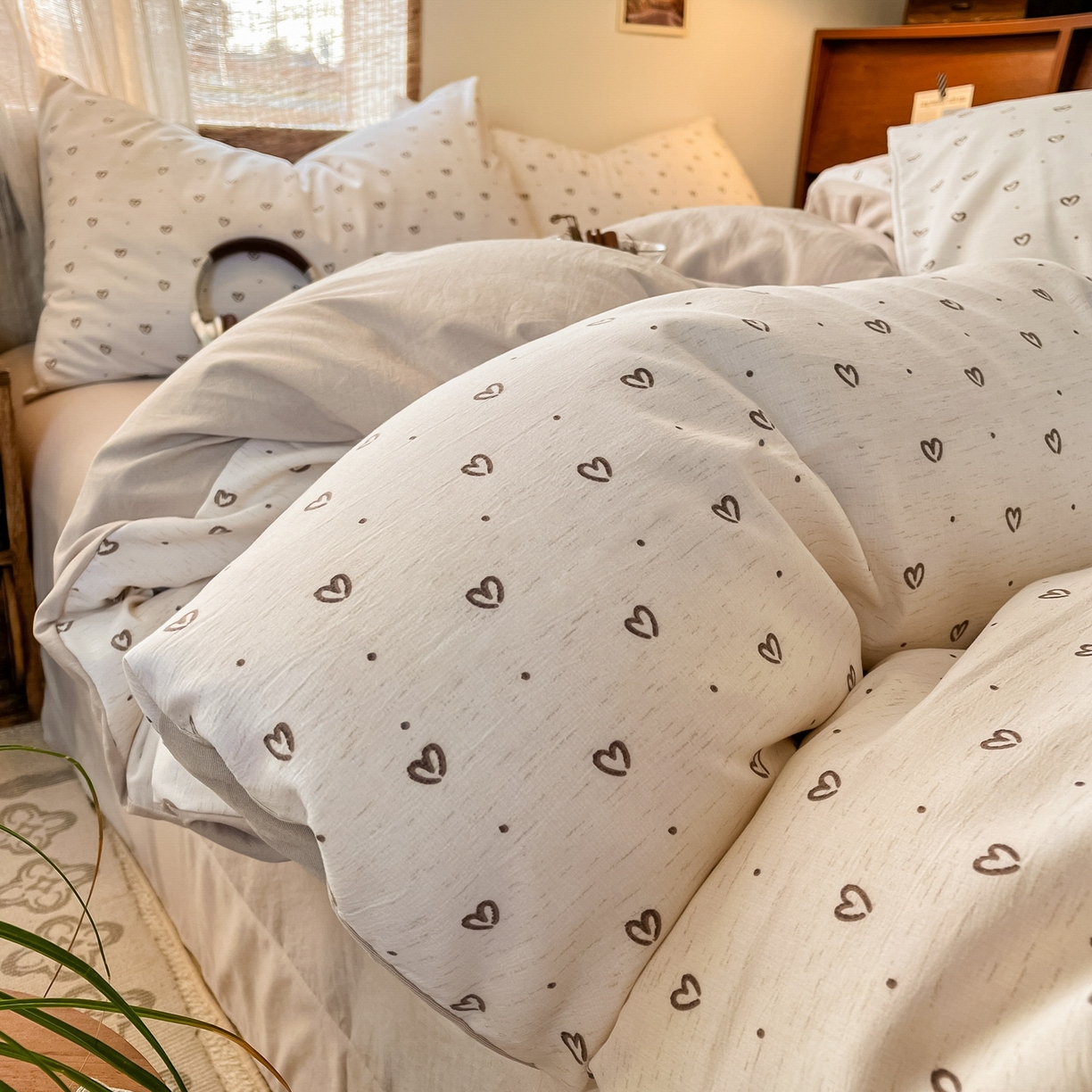 金梦拉家纺 2026新款色织棉麻棉纱小露麻四件套 心心点点